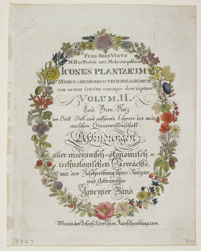Frontispiece and Title Page, Vol. II, from Icones Plantarum Medico-Oeconomico-Technologicarum cum Earum Fructus ususque Descriptione, 1804 by Ferdinand Bernhard Vietz